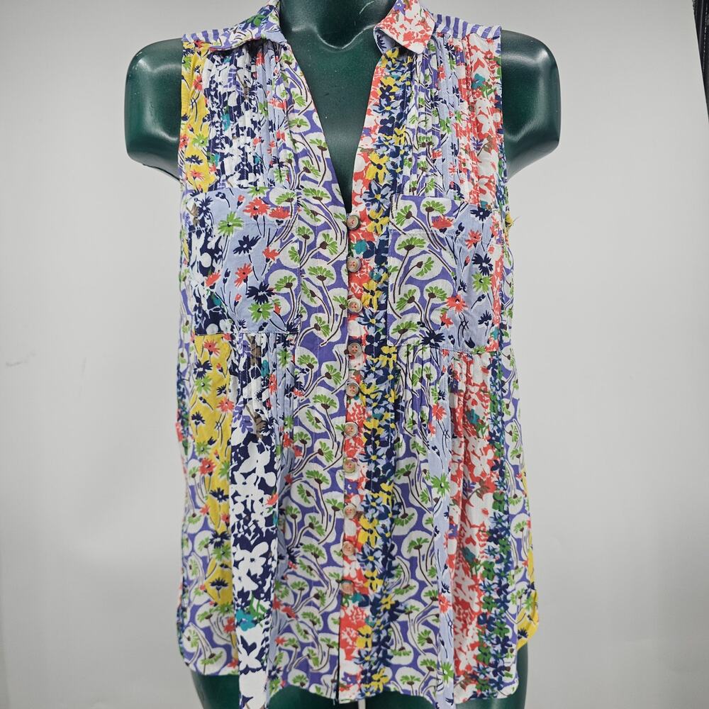 MAEVE Anthropologie Whimsical Pintucked Sleeveless Blouse Novelty Floral XS 4120 - Picture 5 of 14